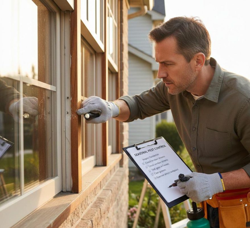 Homeowner checking gaps around a window as part of a seasonal pest control checklist for Australian homes.