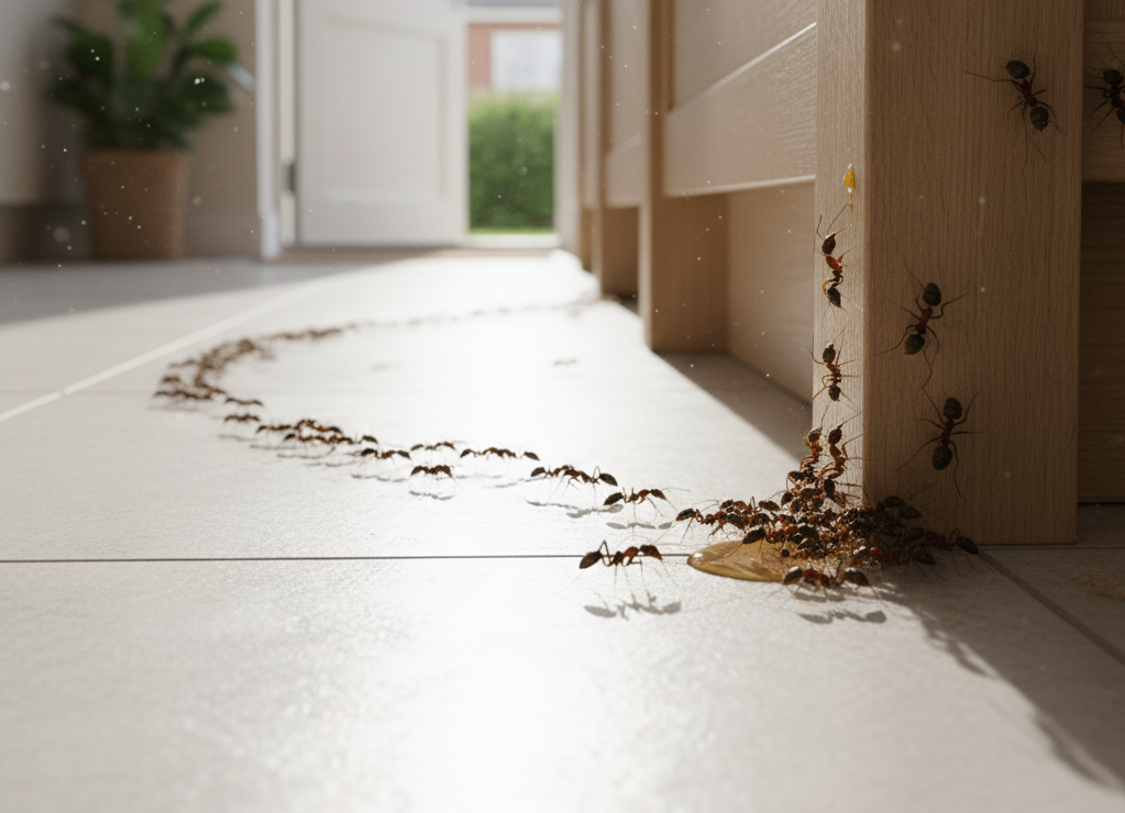 Ant infestation moving through a kitchen during summer months.